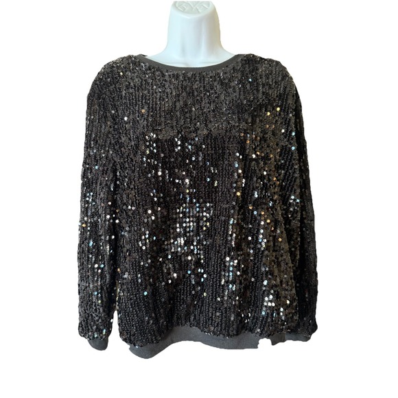Black Sequin Sweater M/L Long Sleeve Pullover Sparkle Party Top Crewneck Holiday - Picture 1 of 8